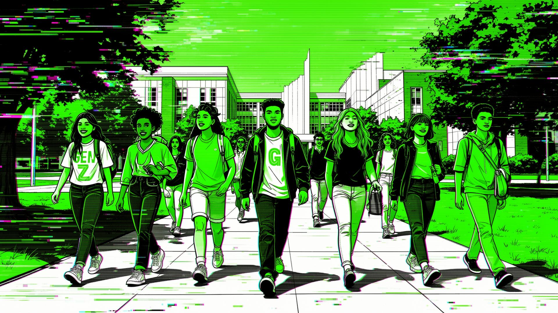 Gen Z students walking on campus with acid green glitch overlay
